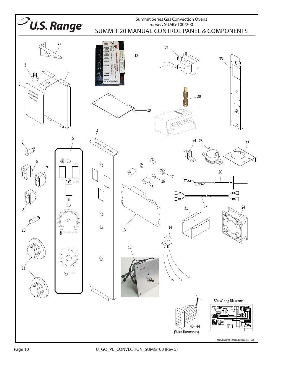 Summit, Summit 20 manual control panel & components, 40 - 44 (wire harnesses) | Garland SUMG-100 (GAS) User Manual | Page 10 / 28