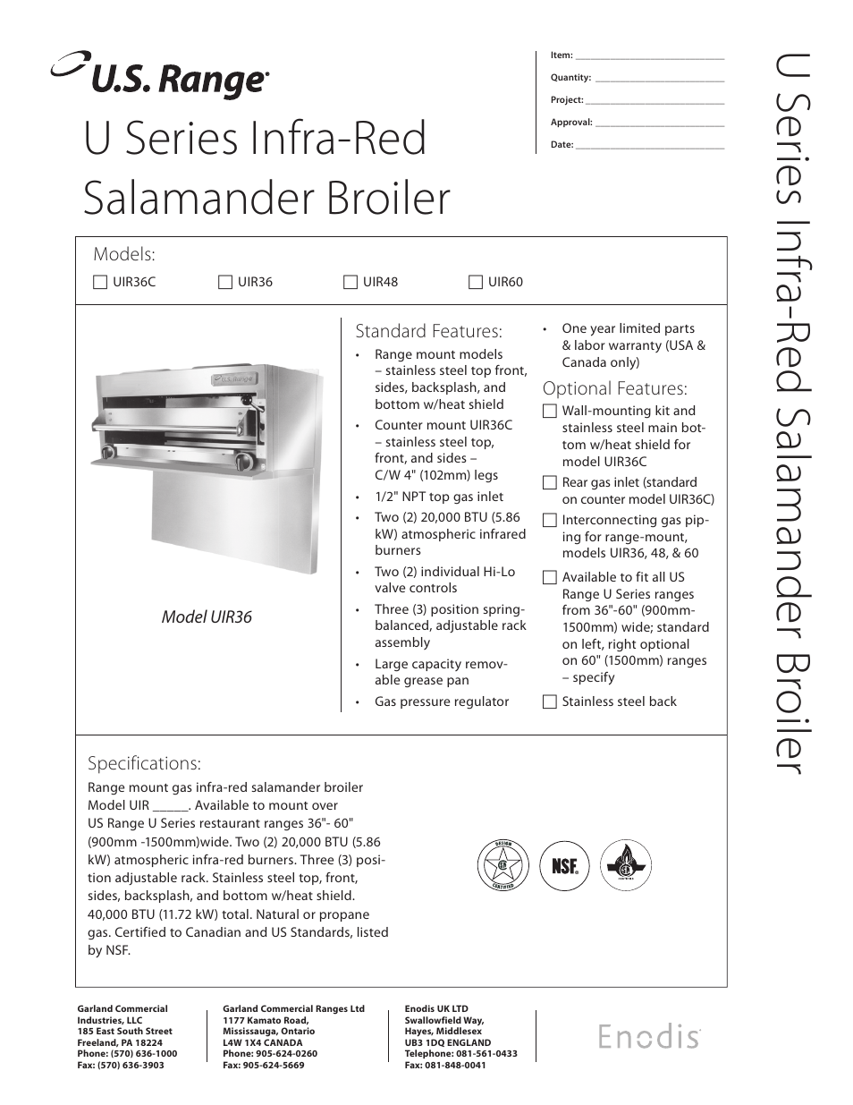 Garland Enodis UIR60 User Manual | 2 pages