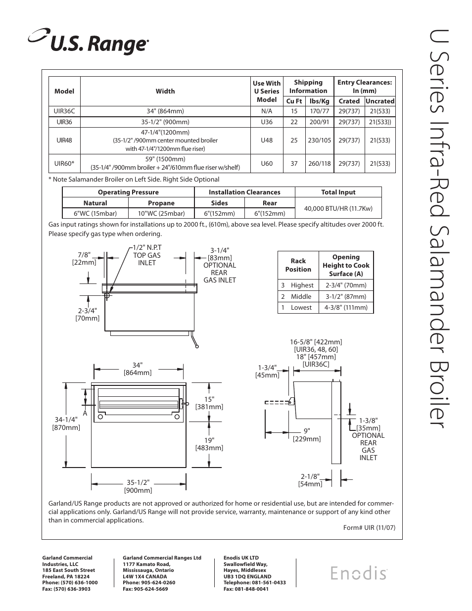 Use rie s in fra -r ed sa lam an de r b ro ile r | Garland Enodis UIR60 User Manual | Page 2 / 2