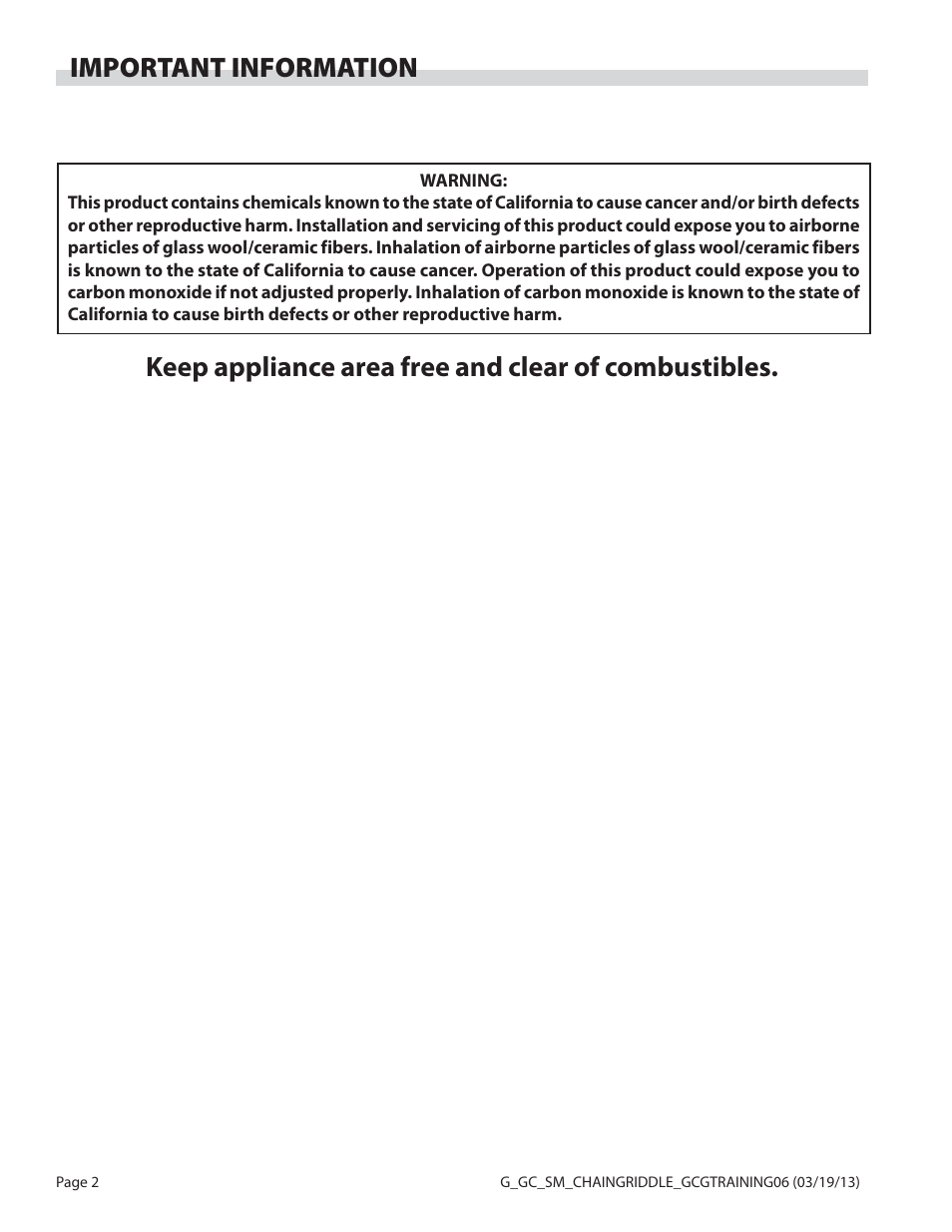 Important information, Keep appliance area free and clear of combustibles | Garland CG-72 User Manual | Page 2 / 20