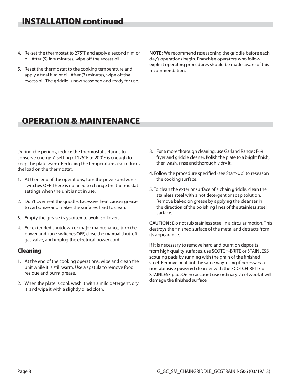 Operation & maintenance, Installation continued | Garland CG-72 User Manual | Page 8 / 20