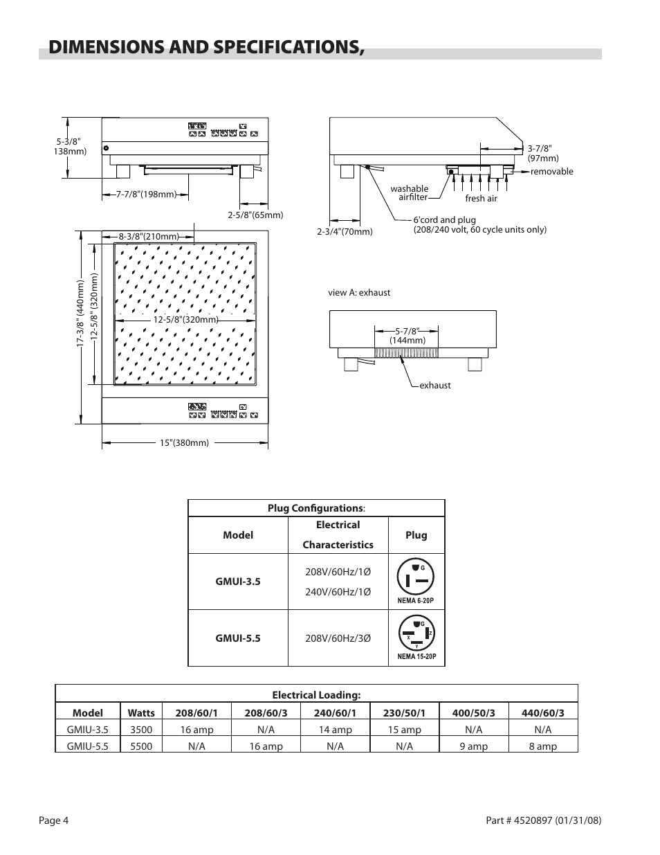 Dimensions and specifications | Garland GMIU5.5 User Manual | Page 4 / 16