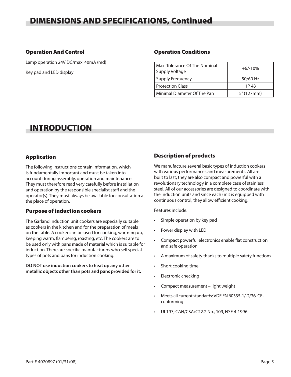 Dimensions and specifications, continued, Introduction | Garland GMIU5.5 User Manual | Page 5 / 16