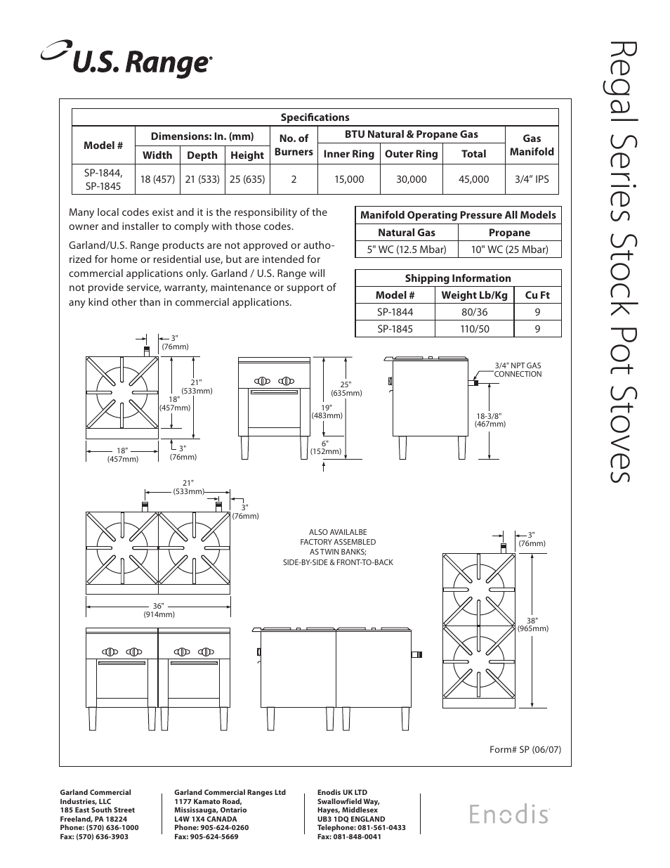 Re ga l s eri es st oc k p ot stov es | Garland Enodis SP-1845 User Manual | Page 2 / 2