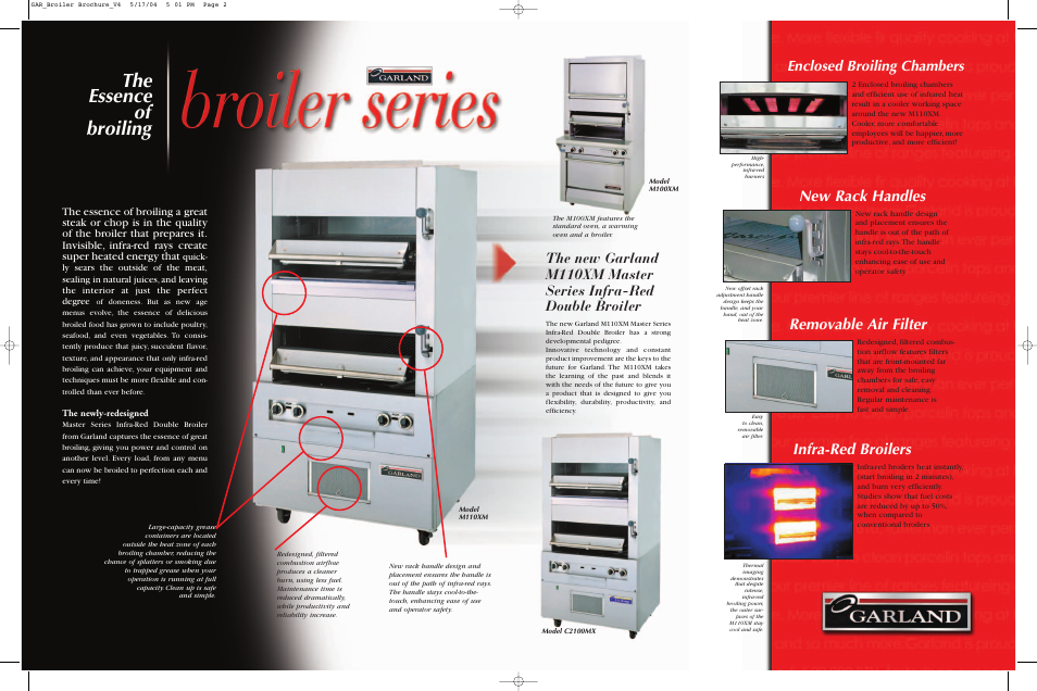 The essence of broiling, New rack handles, Removable air filter | Infra-red broilers, Enclosed broiling chambers | Garland M110XM User Manual | Page 2 / 2