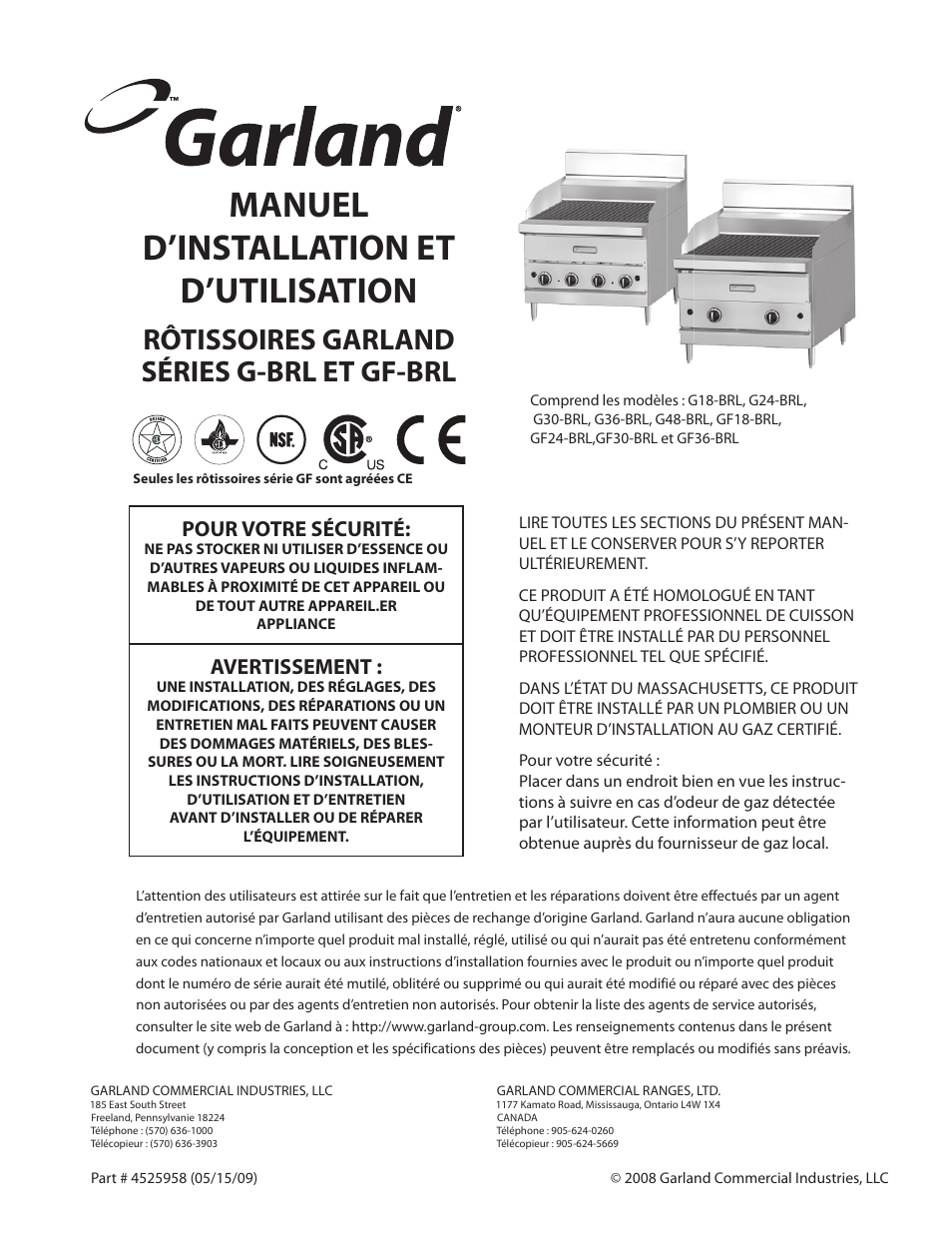 Manuel d’installation et d’utilisation, Rôtissoires garland séries g-brl et gf-brl, Pour votre sécurité | Avertissement | Garland G18-BRL User Manual | Page 13 / 40