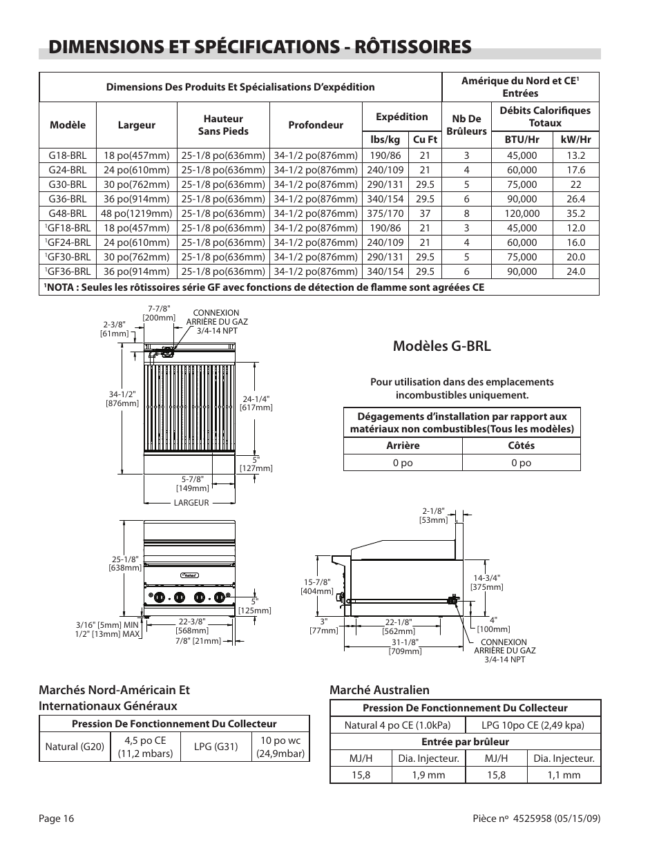 Dimensions et spécifications - rôtissoires, Modèles g-brl, Marchés nord-américain et internationaux généraux | Marché australien | Garland G18-BRL User Manual | Page 16 / 40
