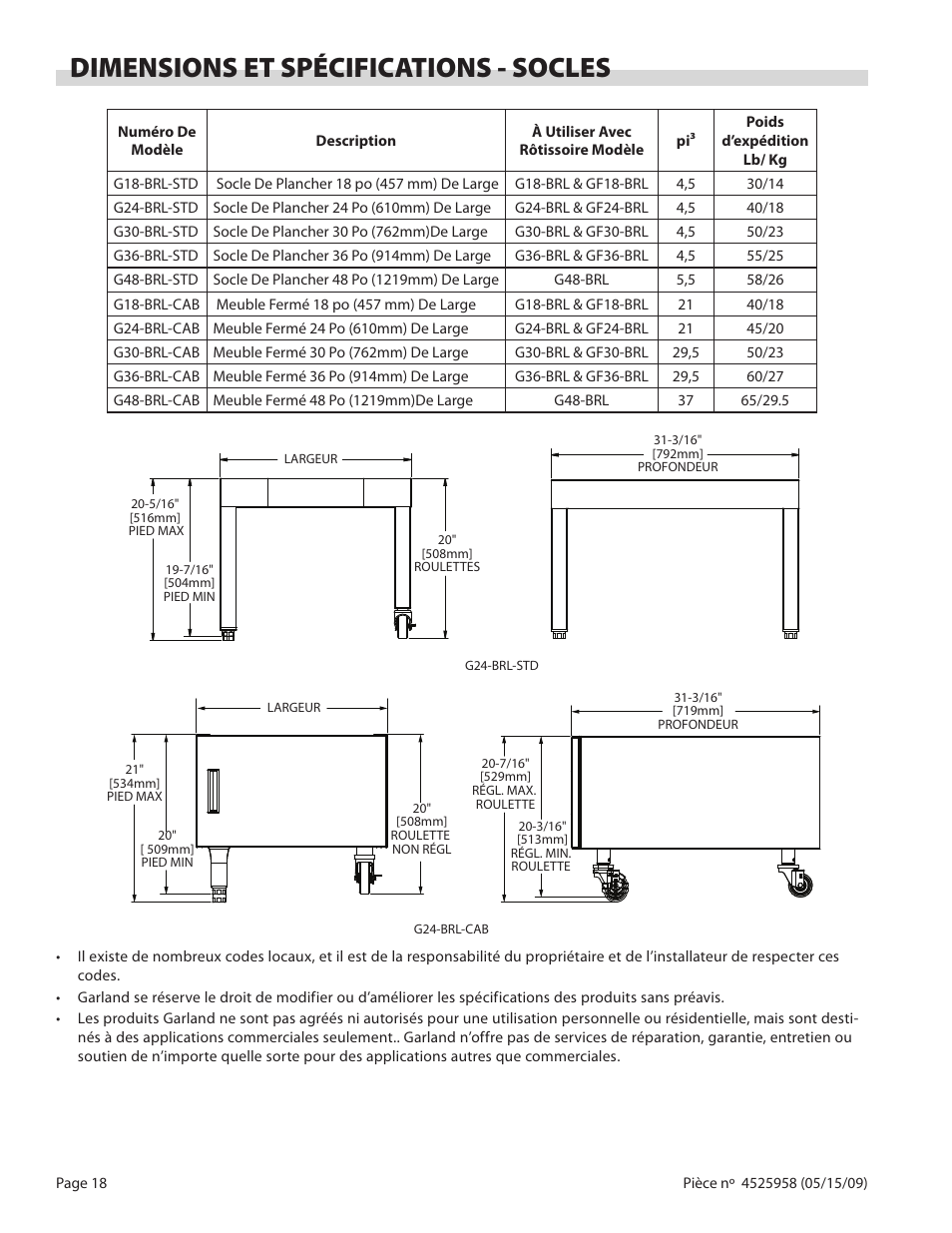 Dimensions et spécifications - socles | Garland G18-BRL User Manual | Page 18 / 40