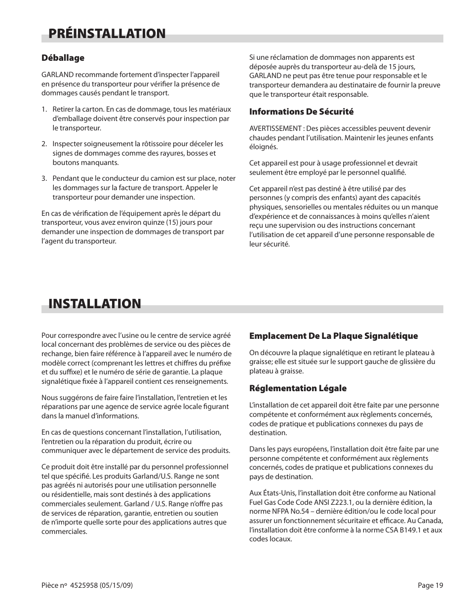 Préinstallation installation | Garland G18-BRL User Manual | Page 19 / 40