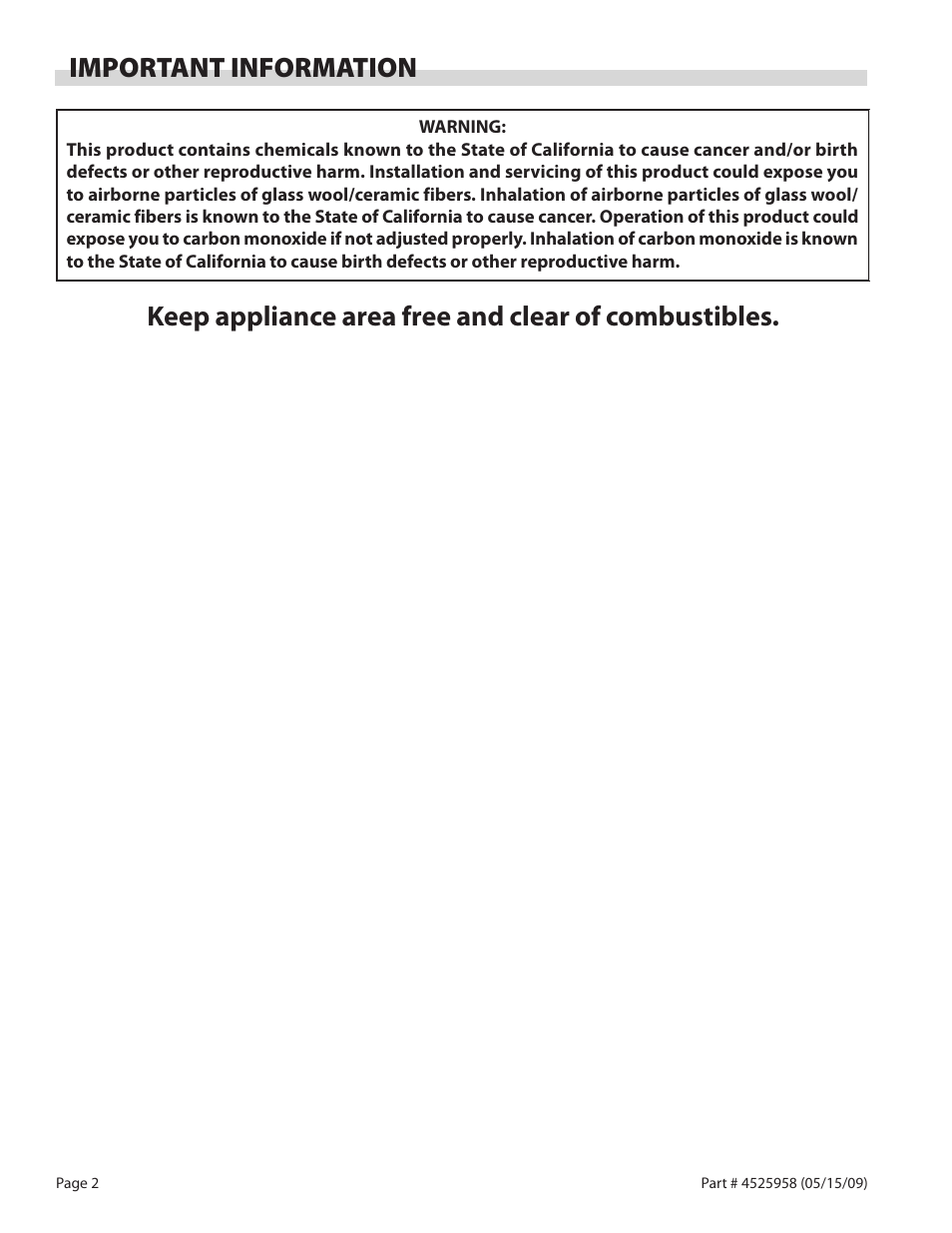 Important information, Keep appliance area free and clear of combustibles | Garland G18-BRL User Manual | Page 2 / 40