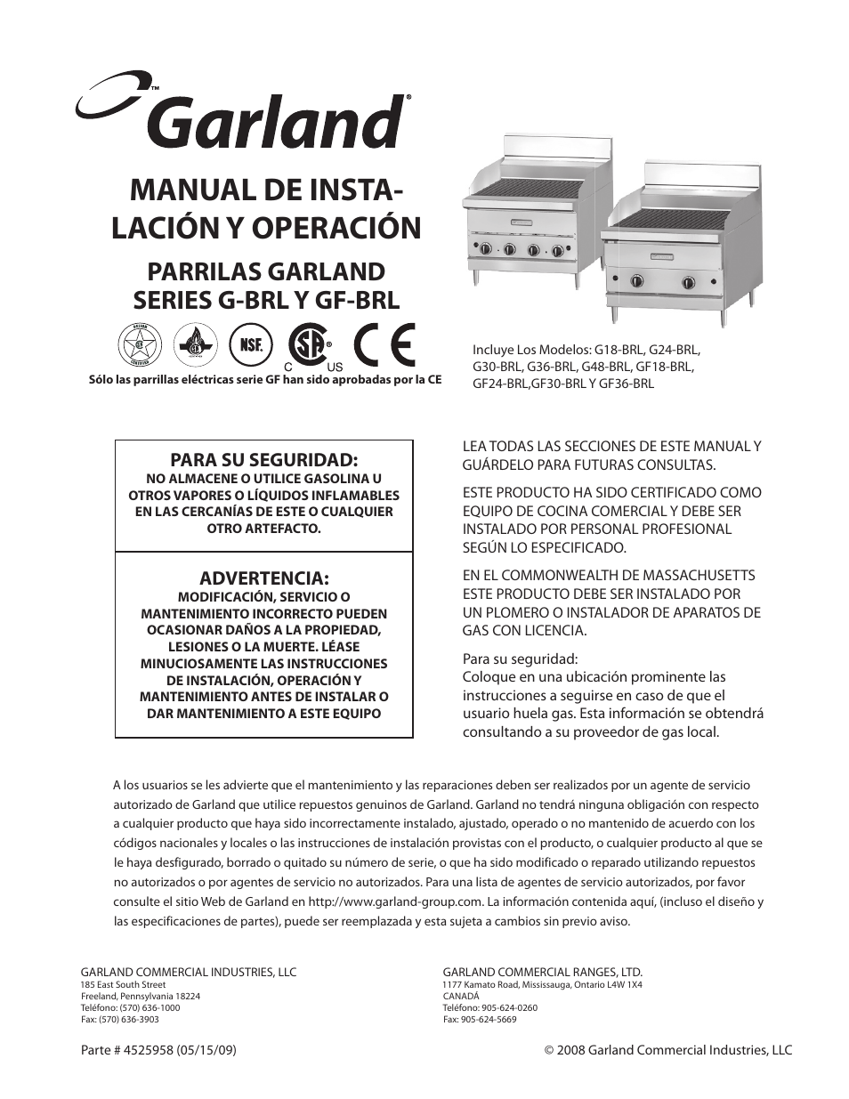 Manual de insta- lación y operación, Parrilas garland series g-brl y gf-brl, Para su seguridad | Advertencia | Garland G18-BRL User Manual | Page 27 / 40