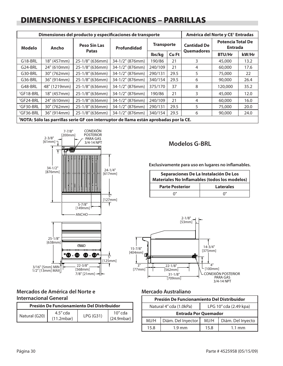 Dimensiones y especificaciones – parrillas, Modelos g-brl, Mercado australiano | Garland G18-BRL User Manual | Page 30 / 40