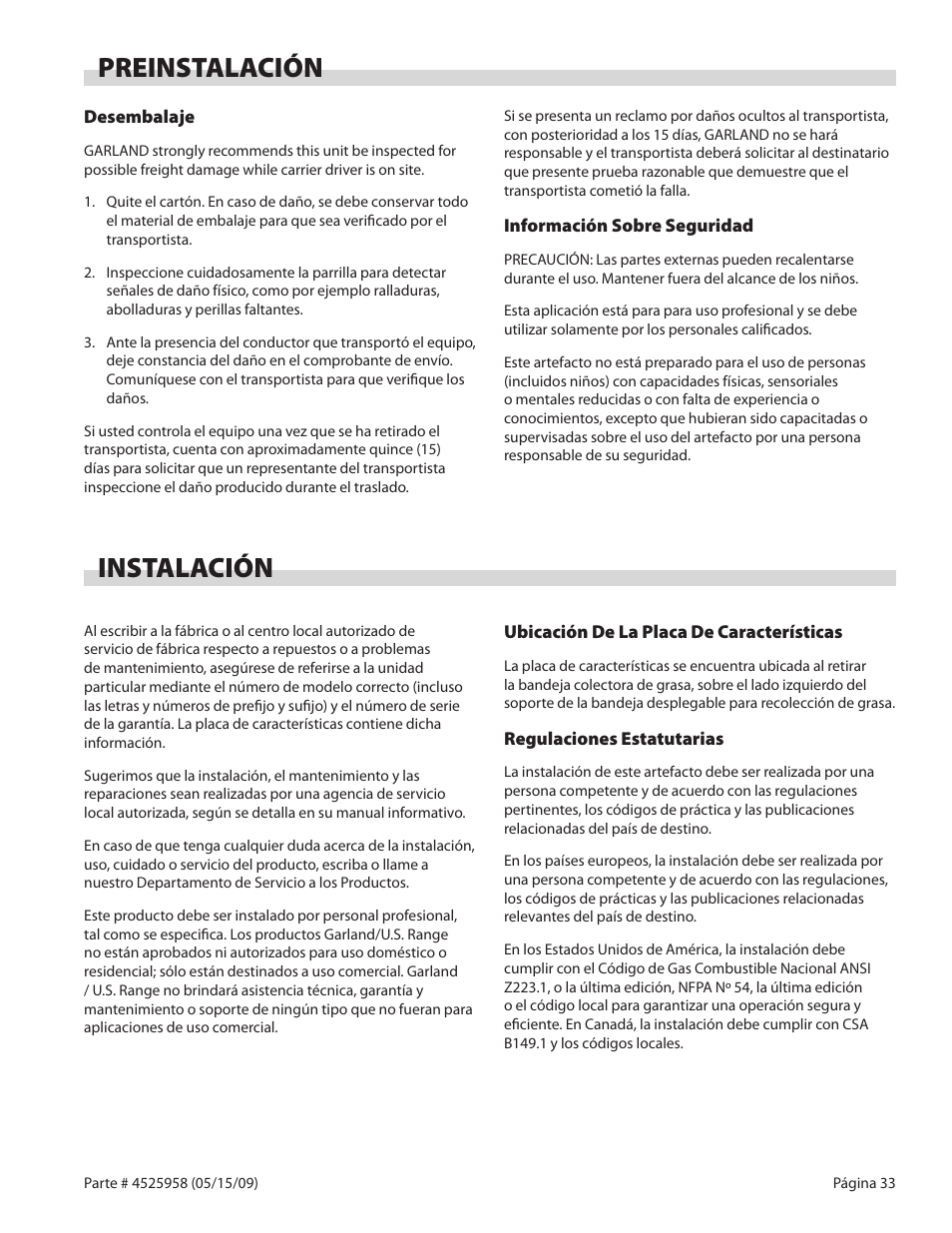 Preinstalación instalación | Garland G18-BRL User Manual | Page 33 / 40