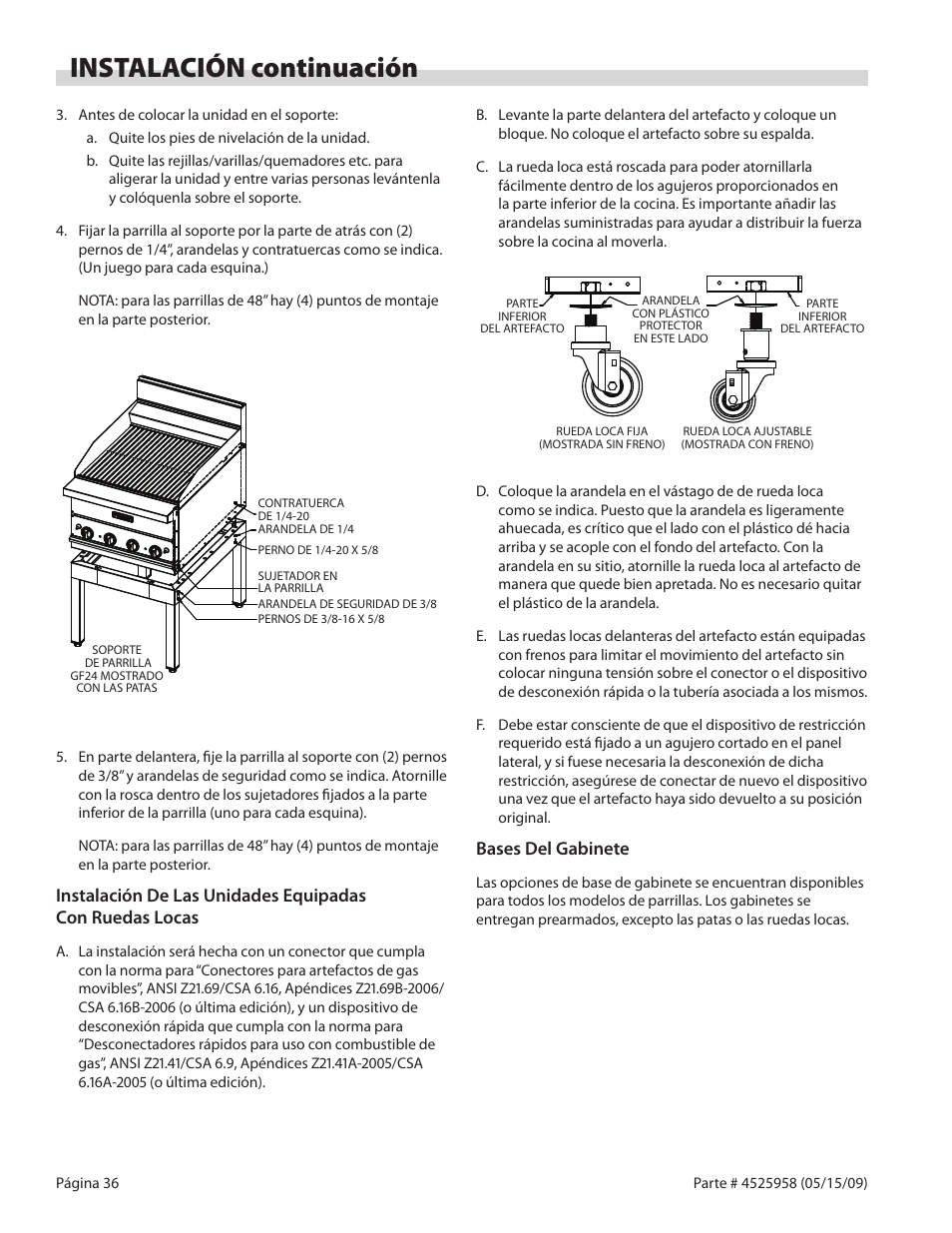 Instalación continuación, Bases del gabinete | Garland G18-BRL User Manual | Page 36 / 40
