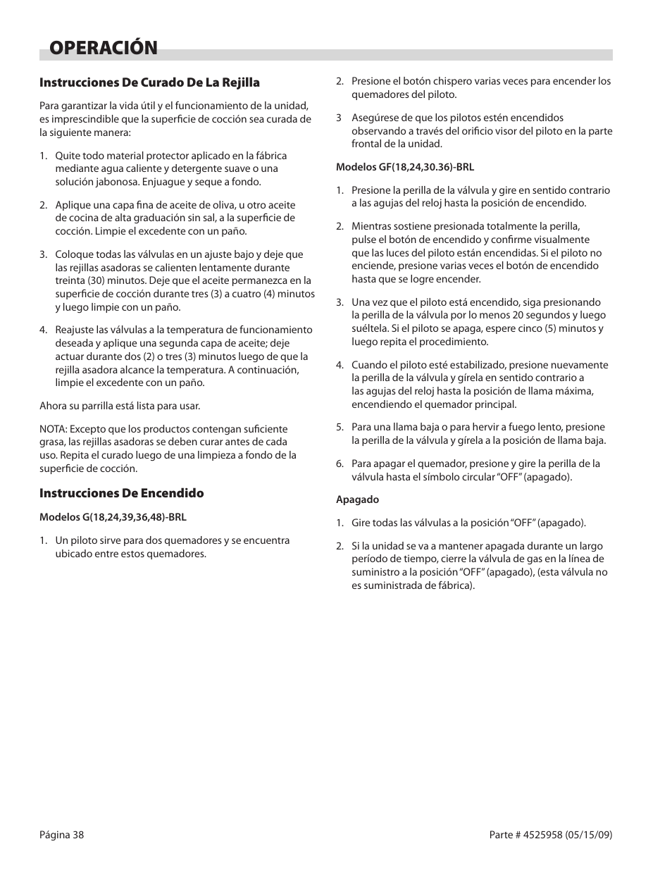 Operación | Garland G18-BRL User Manual | Page 38 / 40
