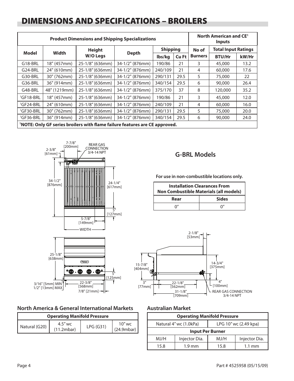Dimensions and specifications – broilers, G-brl models, North america & general international markets | Australian market | Garland G18-BRL User Manual | Page 4 / 40