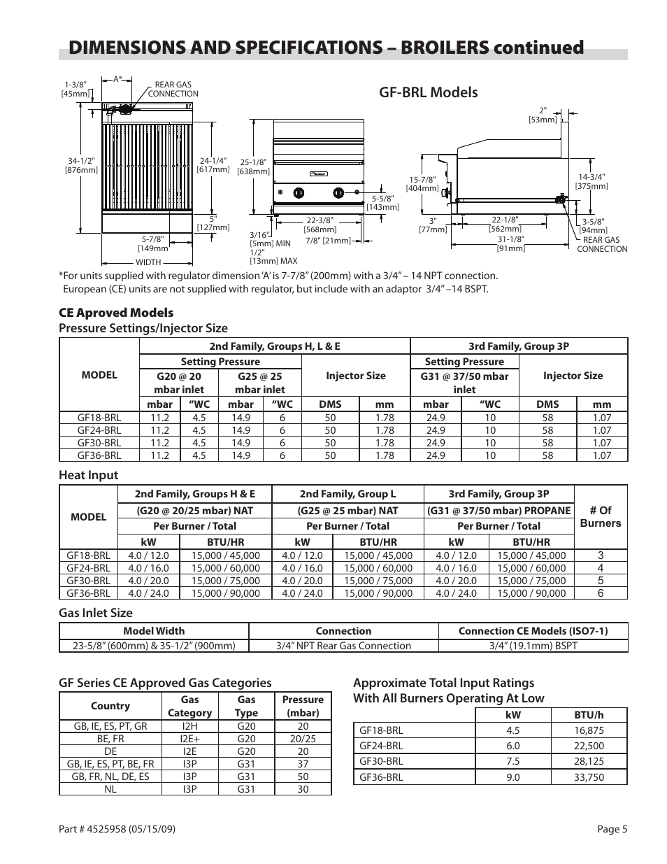 Dimensions and specifications – broilers continued, Gf-brl models | Garland G18-BRL User Manual | Page 5 / 40
