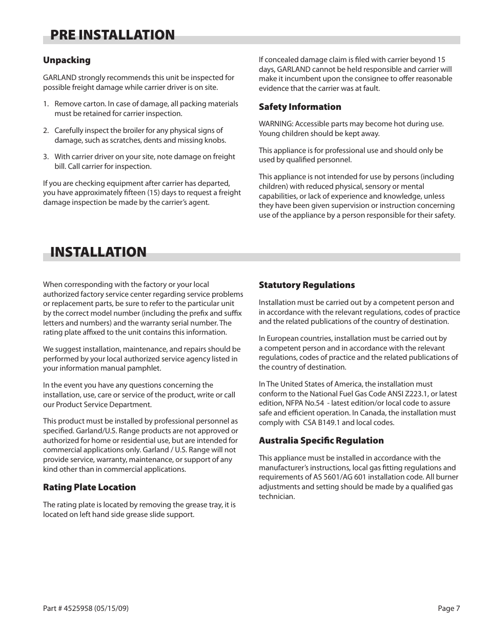 Pre installation installation | Garland G18-BRL User Manual | Page 7 / 40