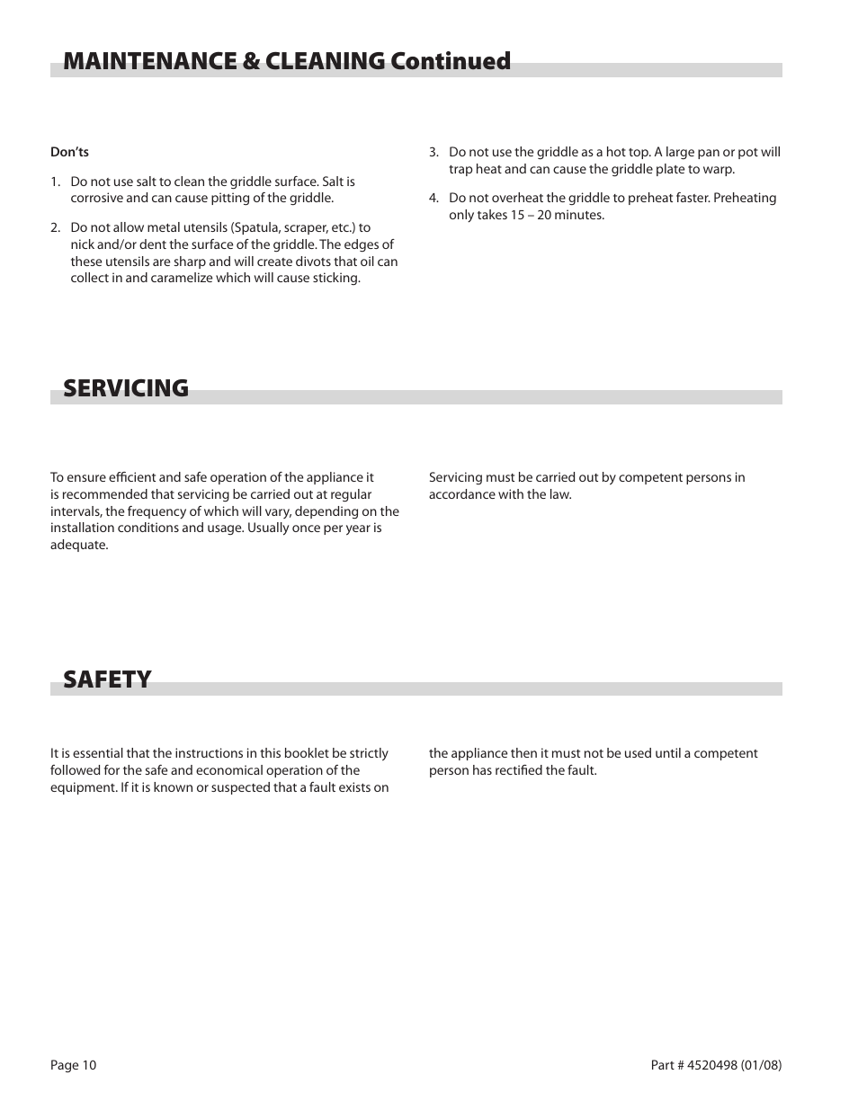 Maintenance & cleaning continued, Servicing, Safety | Garland CG-48F User Manual | Page 10 / 12