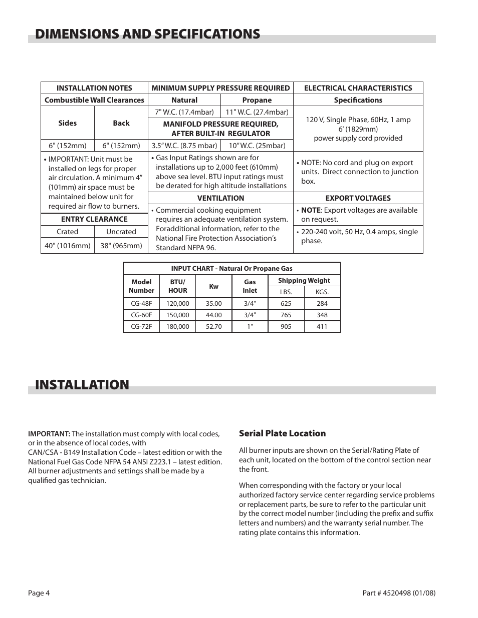 Dimensions and specifications installation | Garland CG-48F User Manual | Page 4 / 12