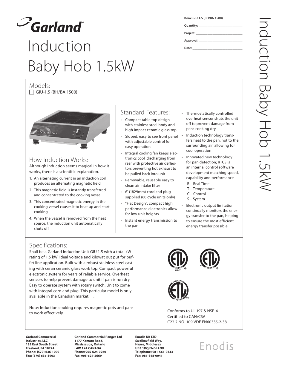 Garland Enodis GIU-1.5 (BH/BA 1500) User Manual | 2 pages