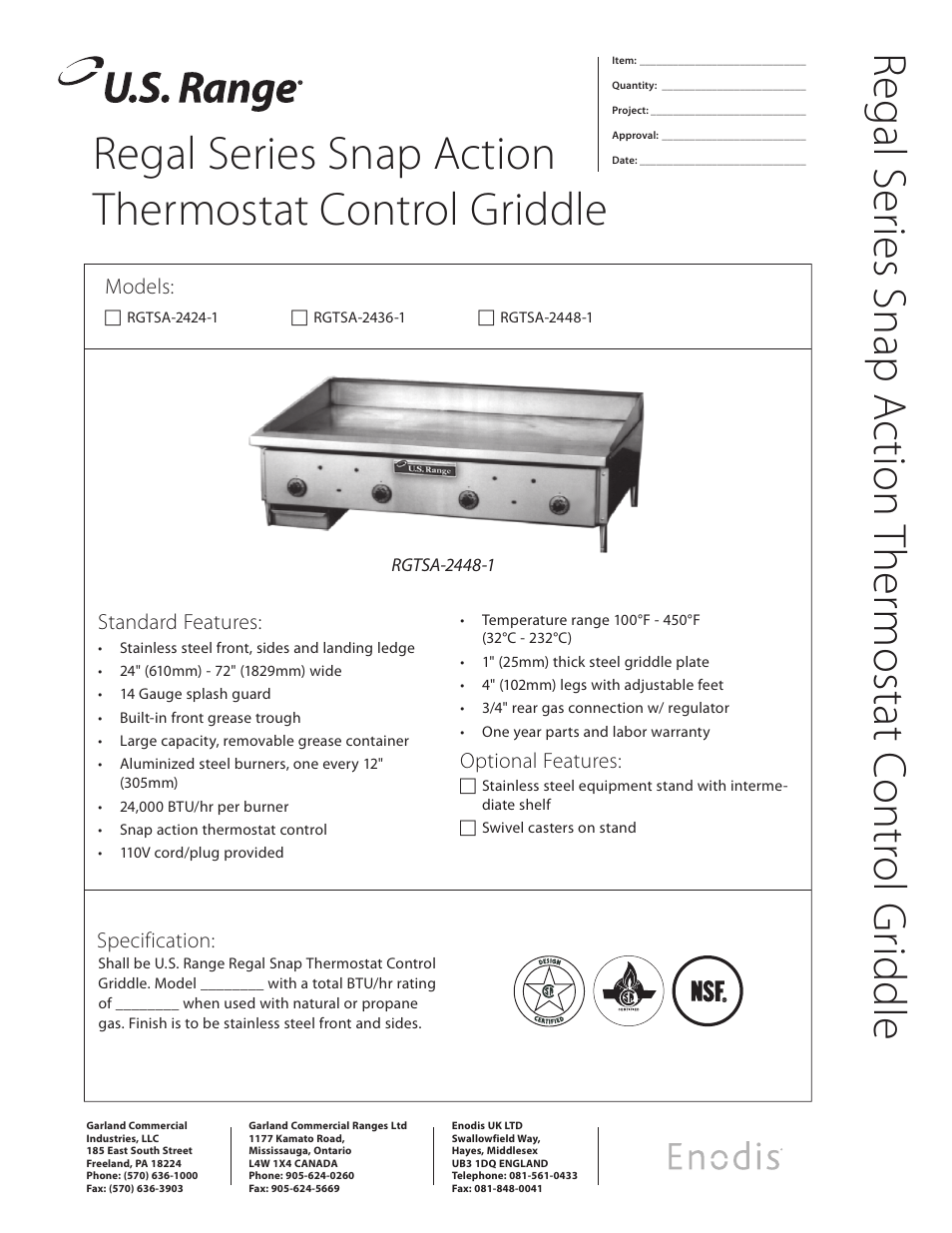 Garland Thermostat Control Griddle RGTSA-2424-1 User Manual | 2 pages