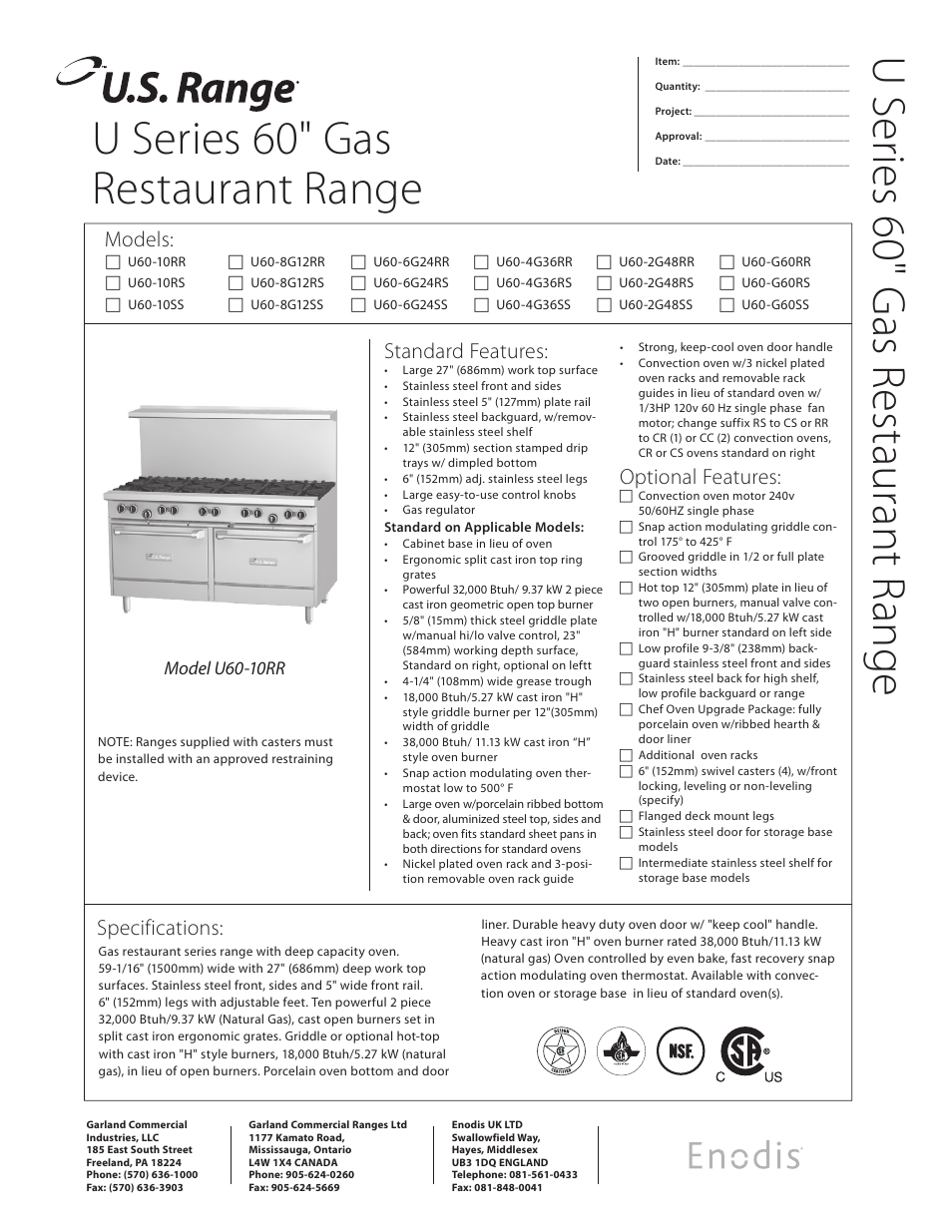 Garland Enodis U Series 60" User Manual | 2 pages