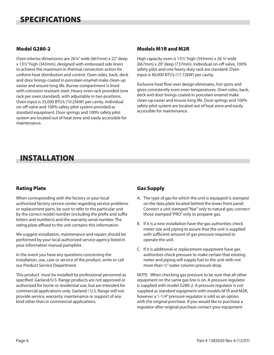 Specifications, Installation | Garland G280-2 User Manual | Page 6 / 12