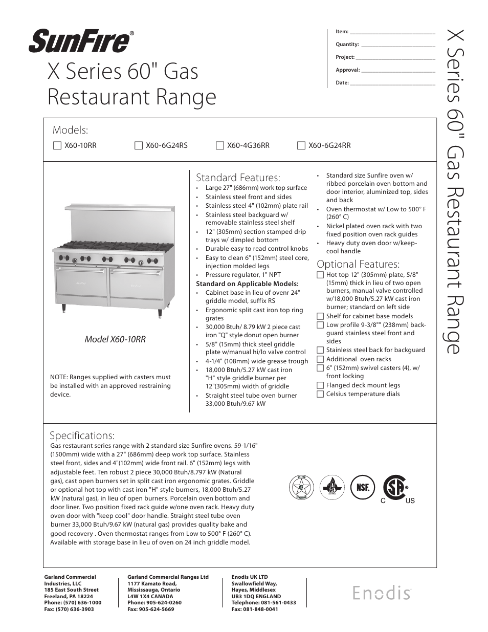 Garland SunFire X Series 60" User Manual | 2 pages