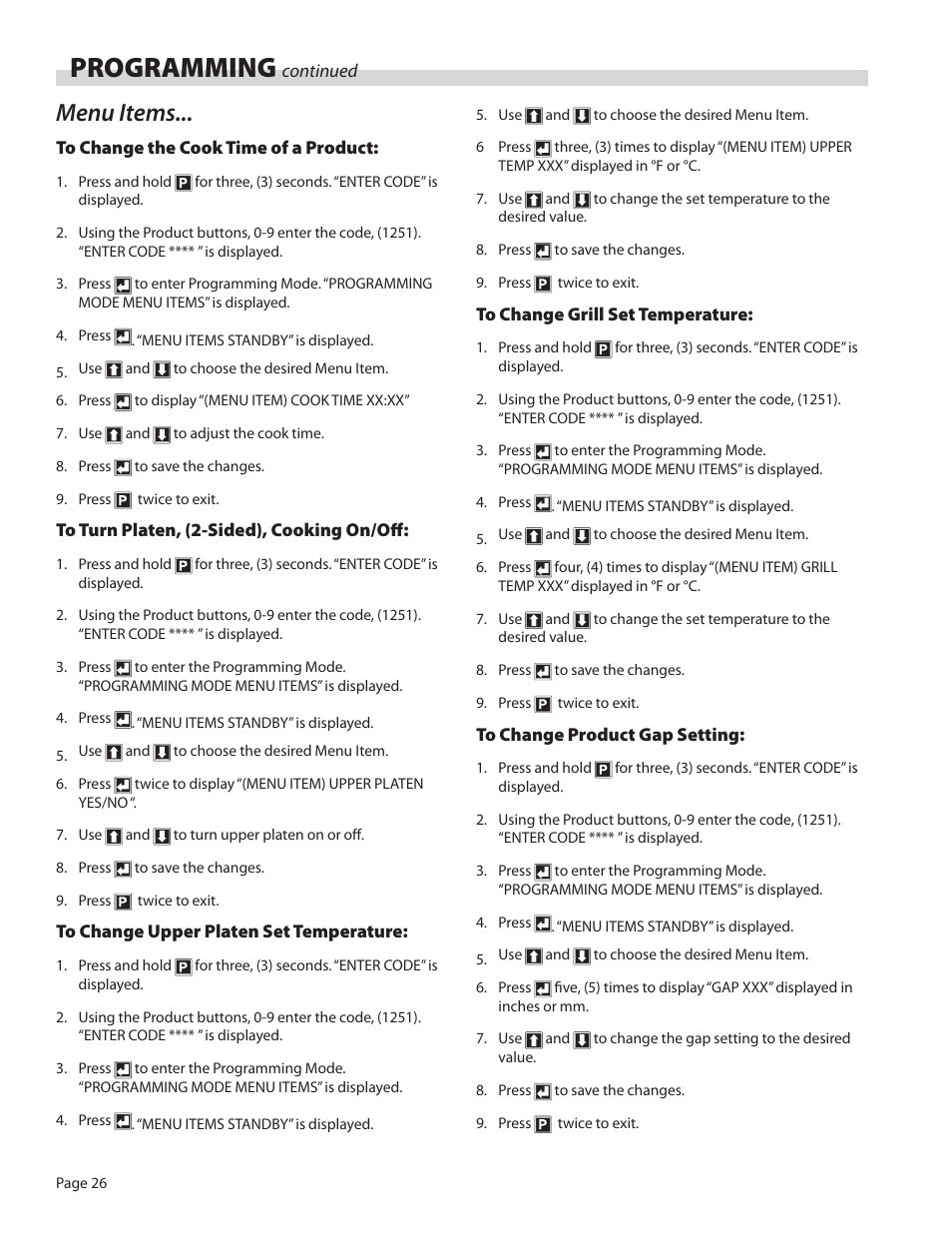 Programming, Menu items | Garland JACK IN THE BOX XG36-JIB User Manual | Page 26 / 88