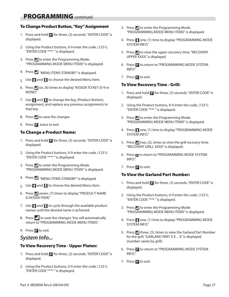 Programming, System info | Garland JACK IN THE BOX XG36-JIB User Manual | Page 27 / 88