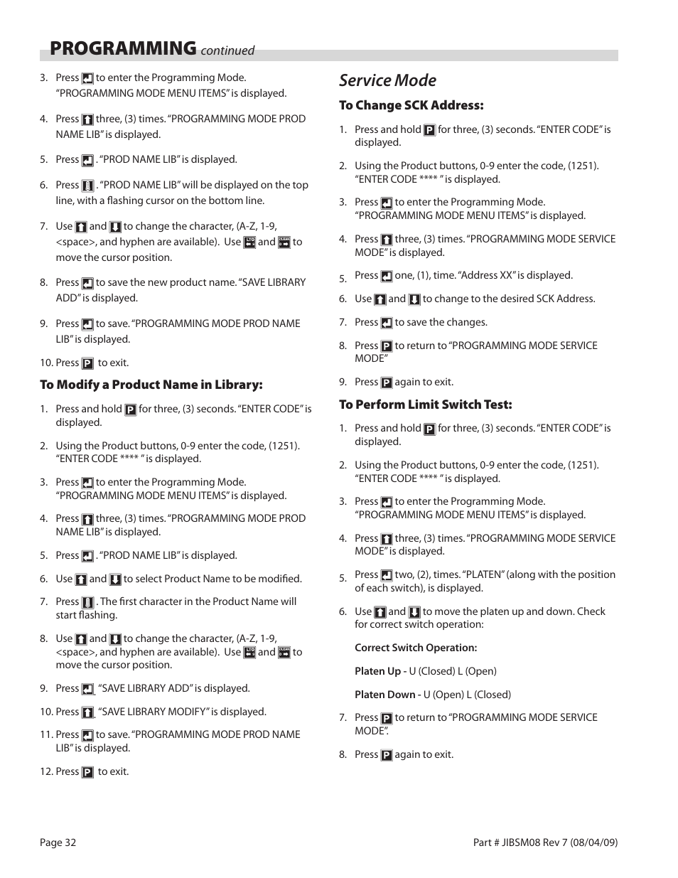 Programming, Service mode | Garland JACK IN THE BOX XG36-JIB User Manual | Page 32 / 88