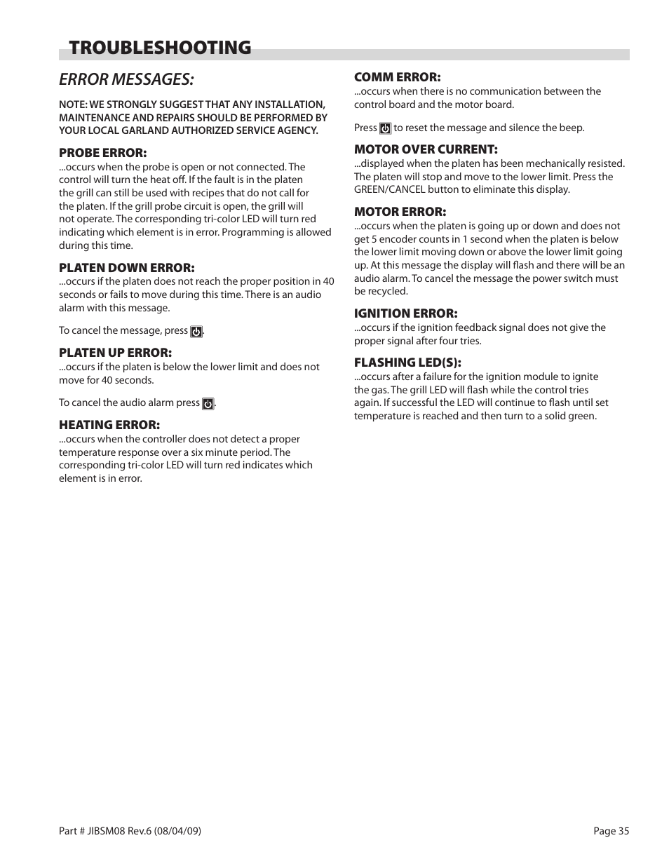 Troubleshooting, Error messages | Garland JACK IN THE BOX XG36-JIB User Manual | Page 35 / 88