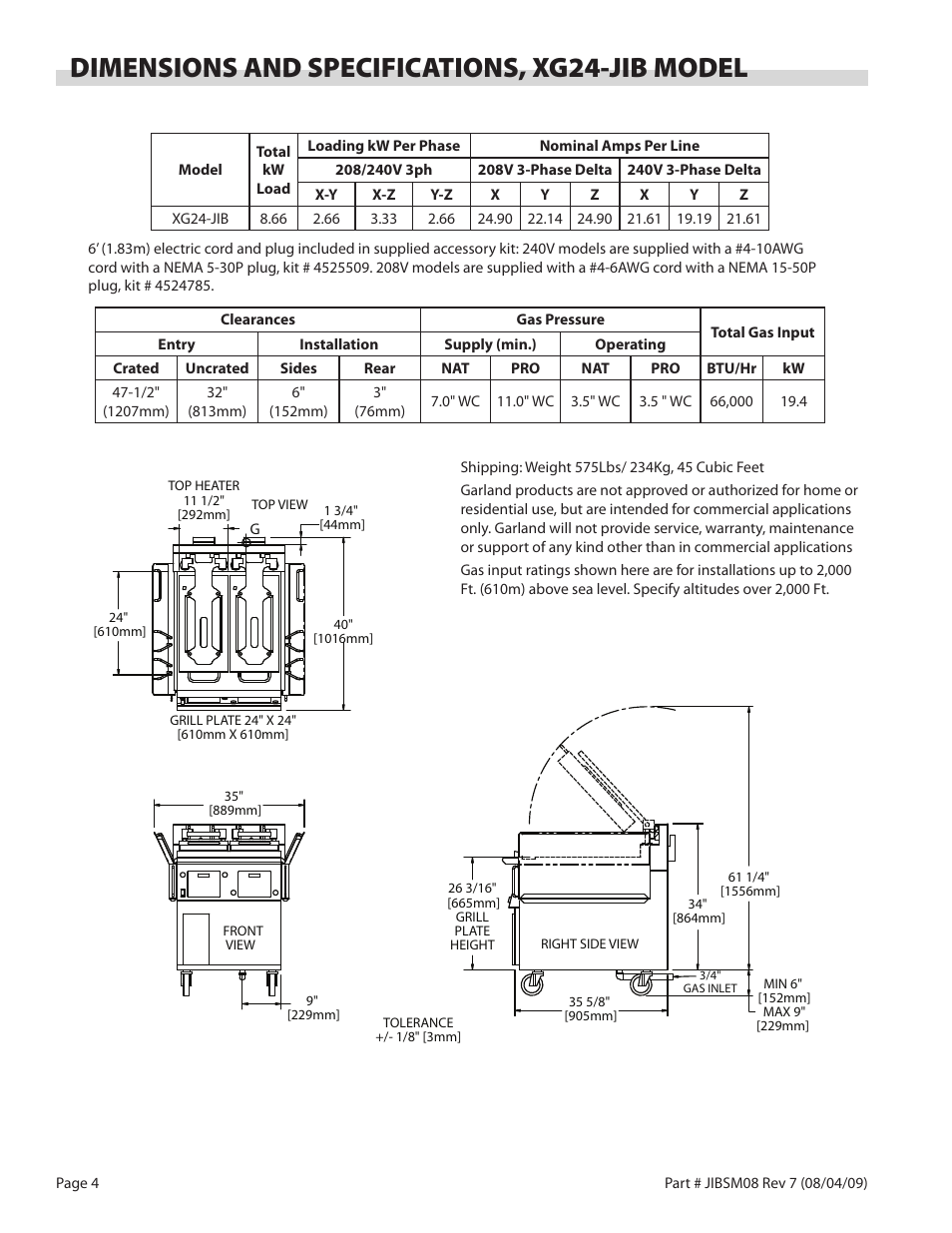 Dimensions and specifications, xg24-jib model | Garland JACK IN THE BOX XG36-JIB User Manual | Page 4 / 88