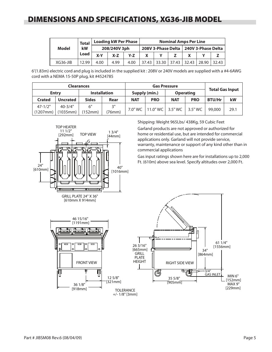 Dimensions and specifications, xg36-jib model | Garland JACK IN THE BOX XG36-JIB User Manual | Page 5 / 88