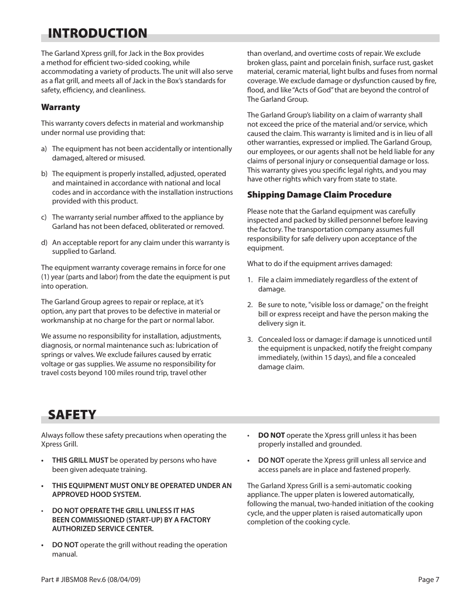 Safety, Introduction | Garland JACK IN THE BOX XG36-JIB User Manual | Page 7 / 88