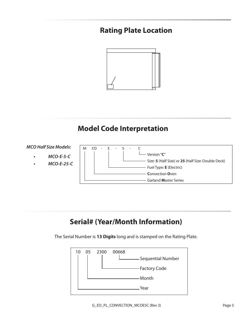 Model code interpretation, Rating plate location, Serial# (year/month information) | Garland MCO-E-5-C User Manual | Page 5 / 22