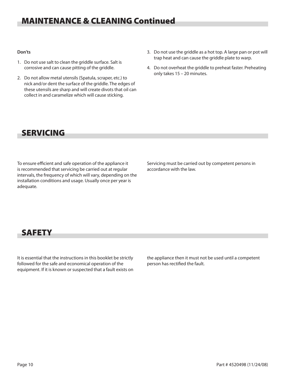 Maintenance & cleaning continued, Servicing, Safety | Garland CG-60F User Manual | Page 10 / 12