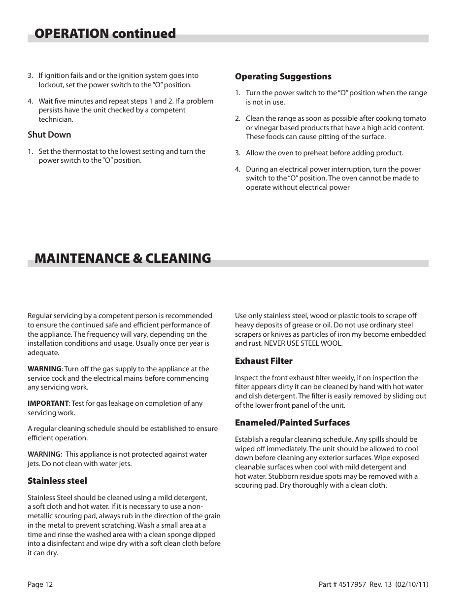 Operation continued, Maintenance & cleaning | Garland STW286A User Manual | Page 12 / 56