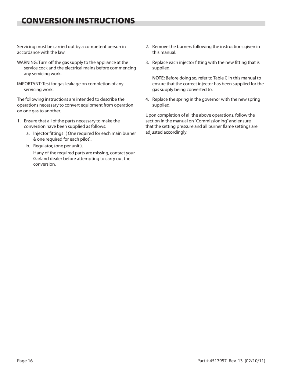 Conversion instructions | Garland STW286A User Manual | Page 16 / 56