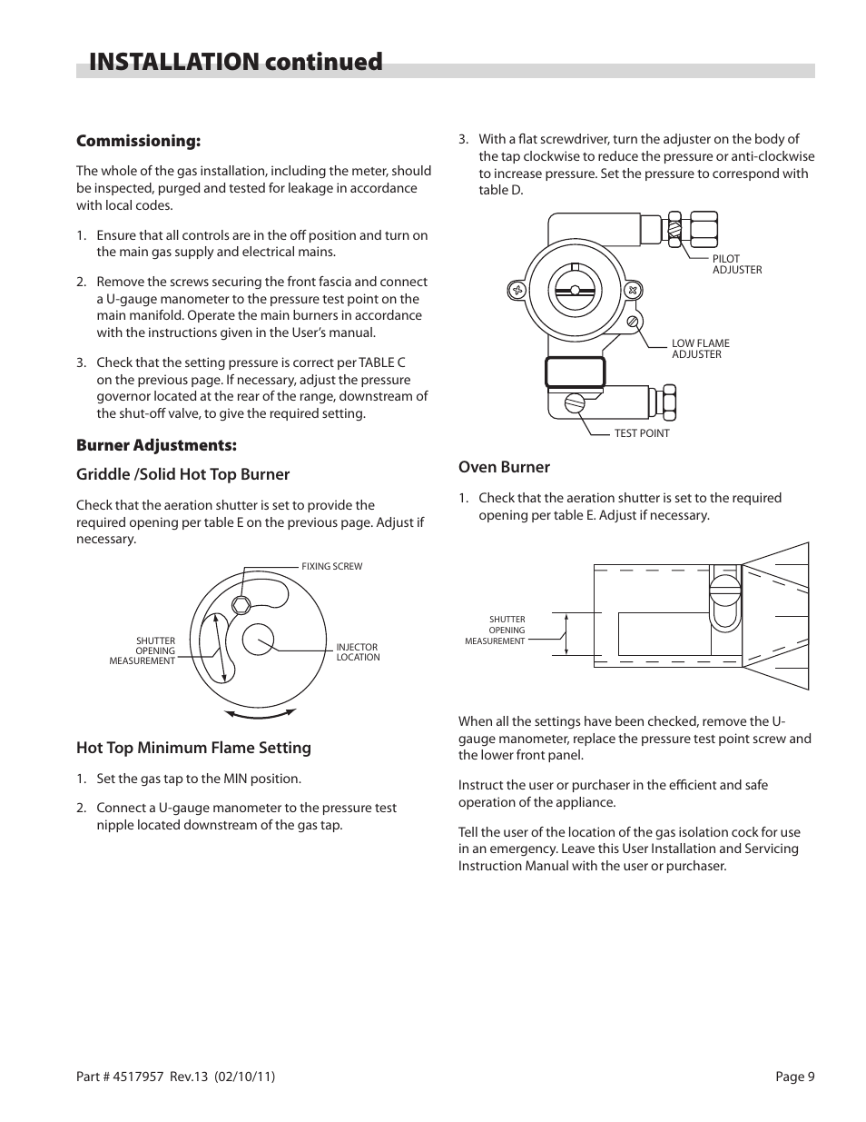 Installation continued, Commissioning, Burner adjustments: griddle /solid hot top burner | Hot top minimum flame setting, Oven burner | Garland STW286A User Manual | Page 9 / 56
