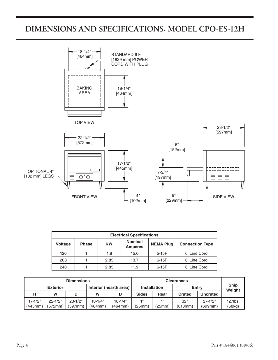 Dimensions and specifications, model cpo-es-12h | Garland CPO-ES-12H User Manual | Page 4 / 20