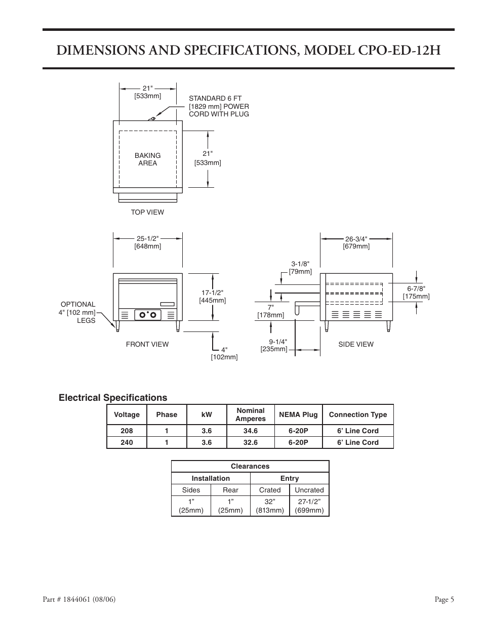 Dimensions and specifications, model cpo-ed-12h, Electrical speciﬁcations | Garland CPO-ES-12H User Manual | Page 5 / 20