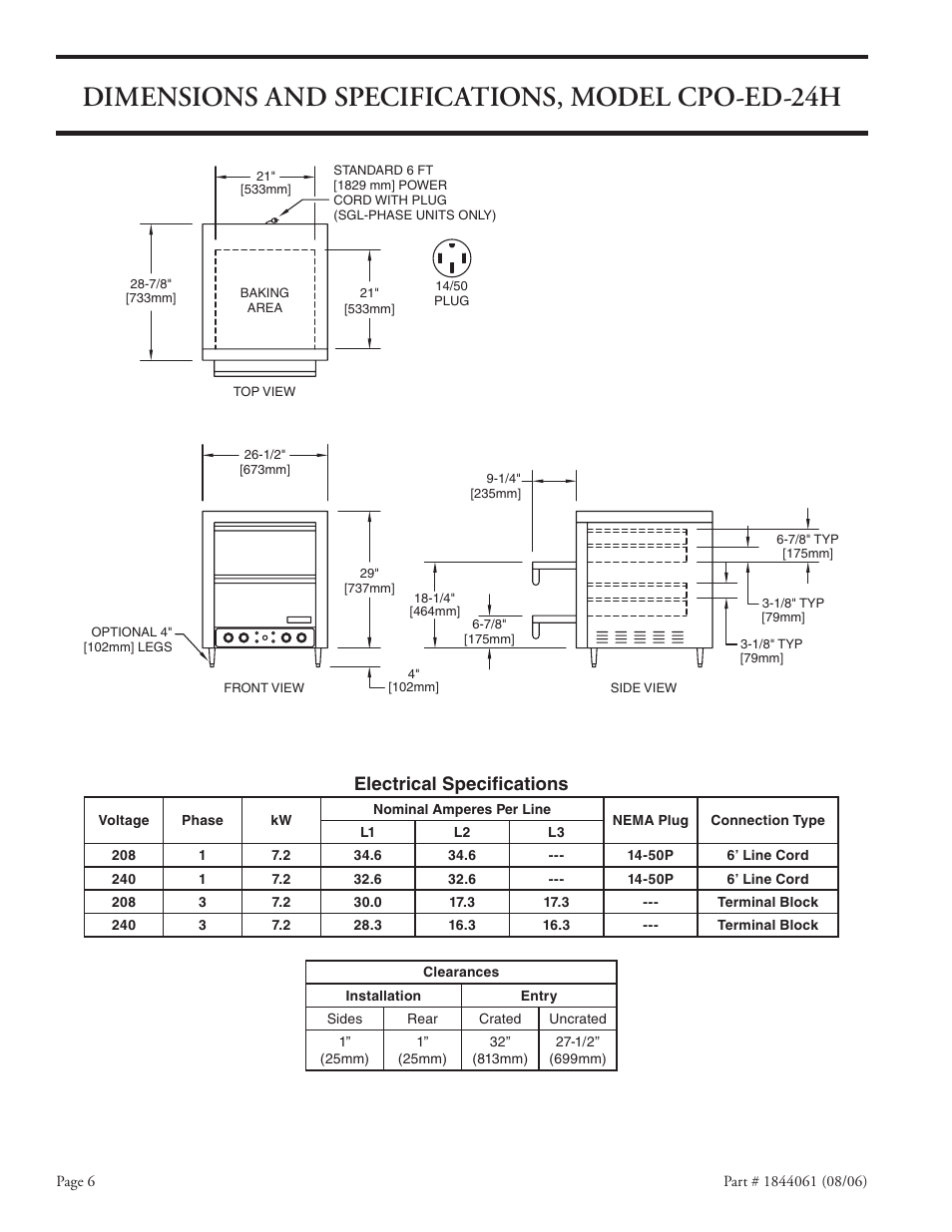 Dimensions and specifications, model cpo-ed-24h, Electrical speciﬁcations | Garland CPO-ES-12H User Manual | Page 6 / 20