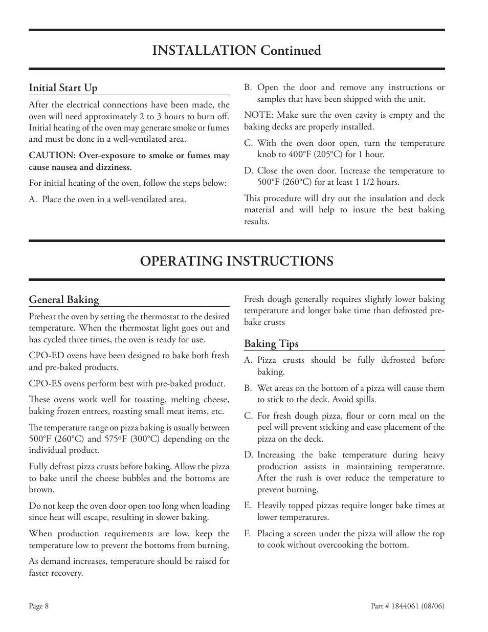 Installation continued operating instructions | Garland CPO-ES-12H User Manual | Page 8 / 20