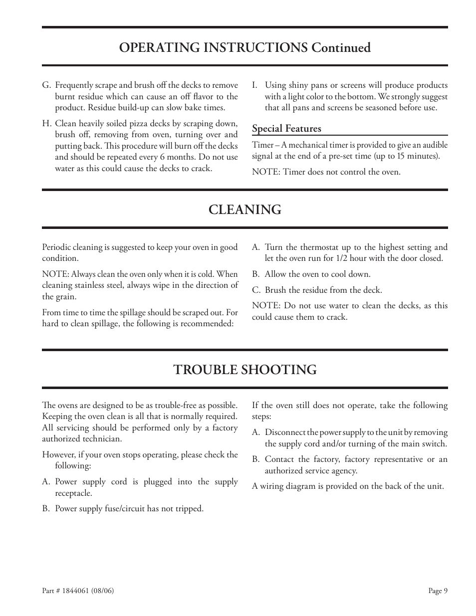 Operating instructions continued cleaning, Trouble shooting | Garland CPO-ES-12H User Manual | Page 9 / 20