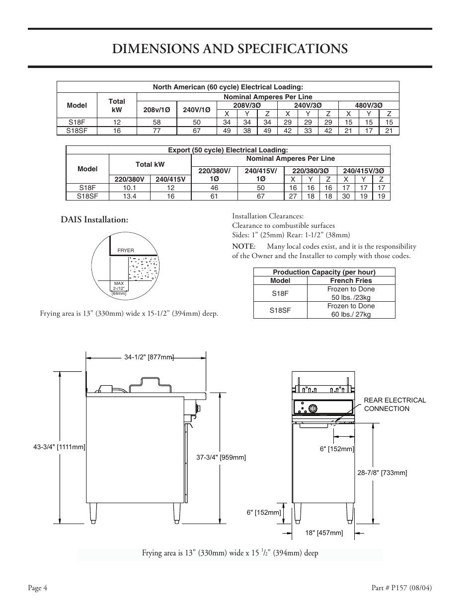 Dimensions and specifications | Garland S18-F User Manual | Page 4 / 12