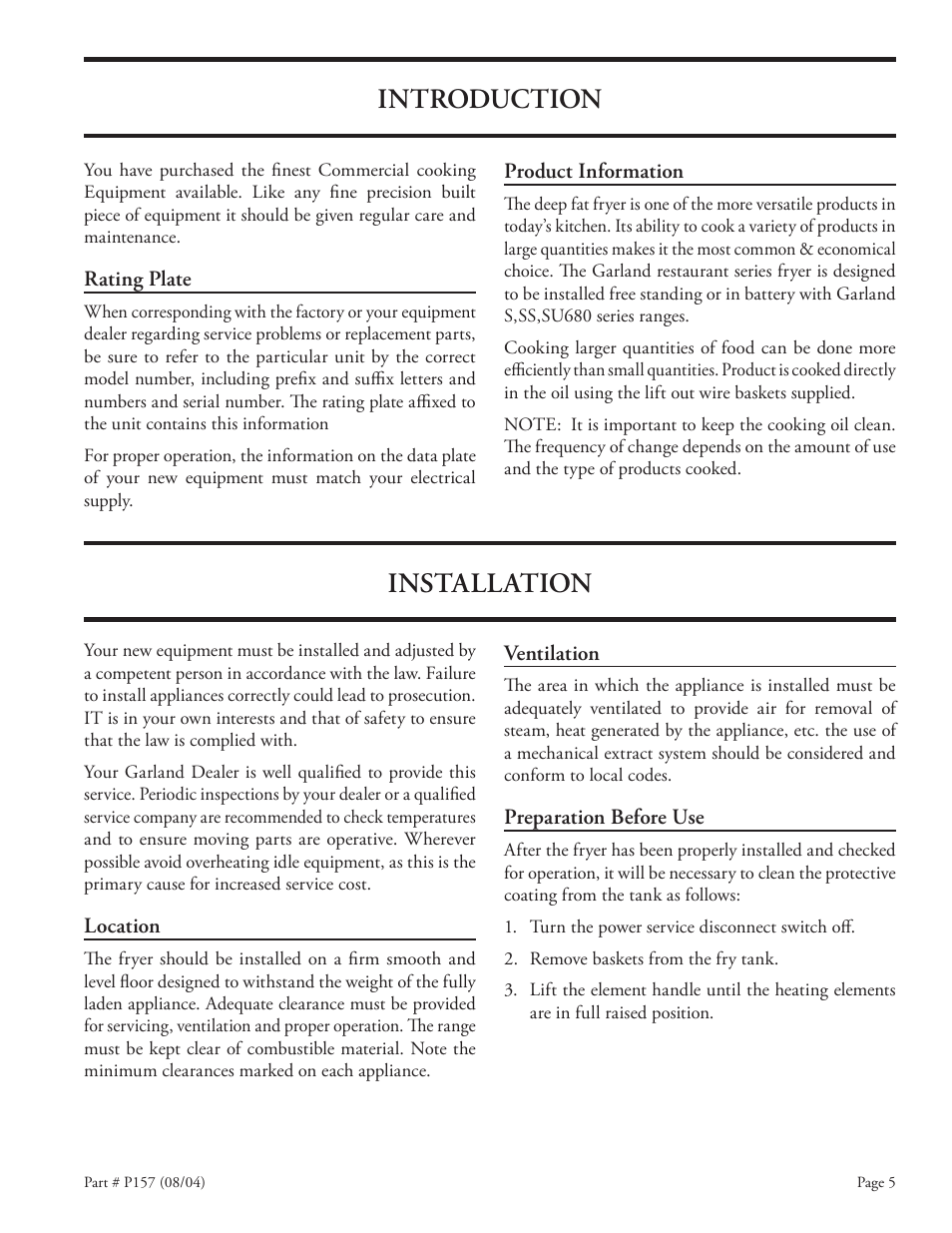 Introduction, Installation | Garland S18-F User Manual | Page 5 / 12