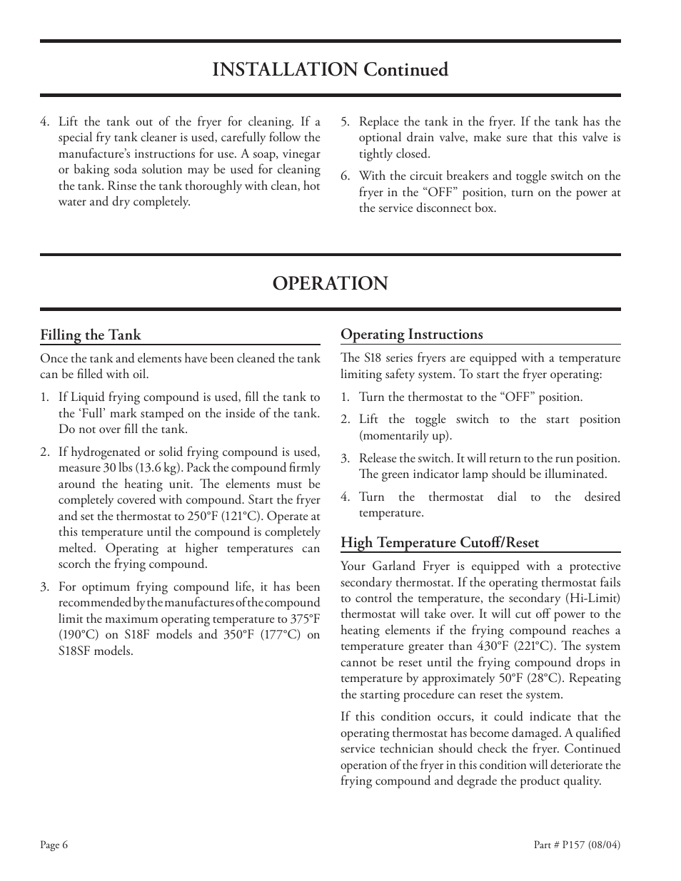 Installation continued, Operation | Garland S18-F User Manual | Page 6 / 12