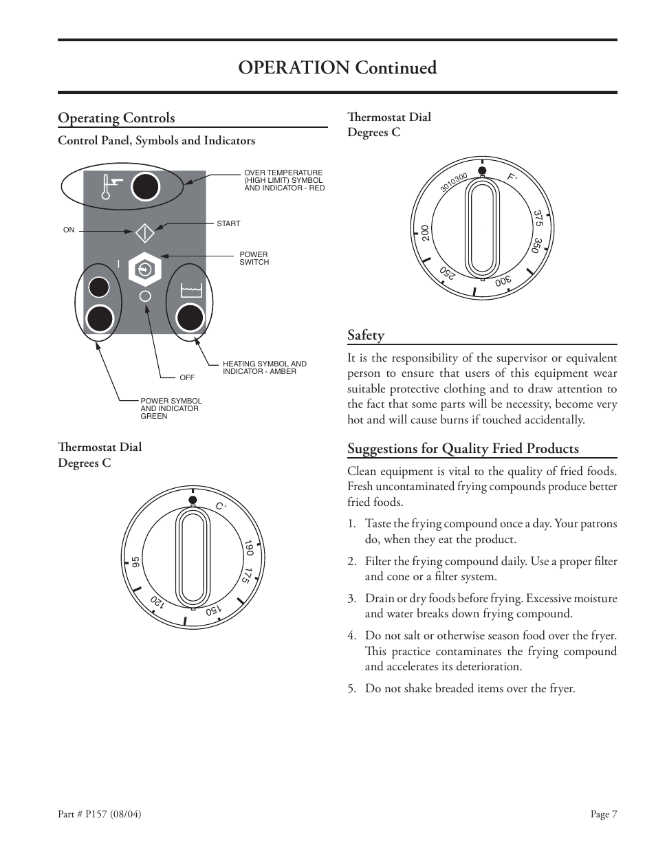 Operation continued, Operating controls, Safety | Suggestions for quality fried products | Garland S18-F User Manual | Page 7 / 12